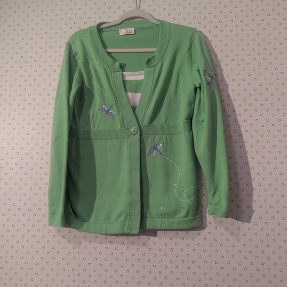 💚 Quaker Factory Green Cardigan with Dragonfly Embroidery Bling Whimsical - Picture 1 of 12